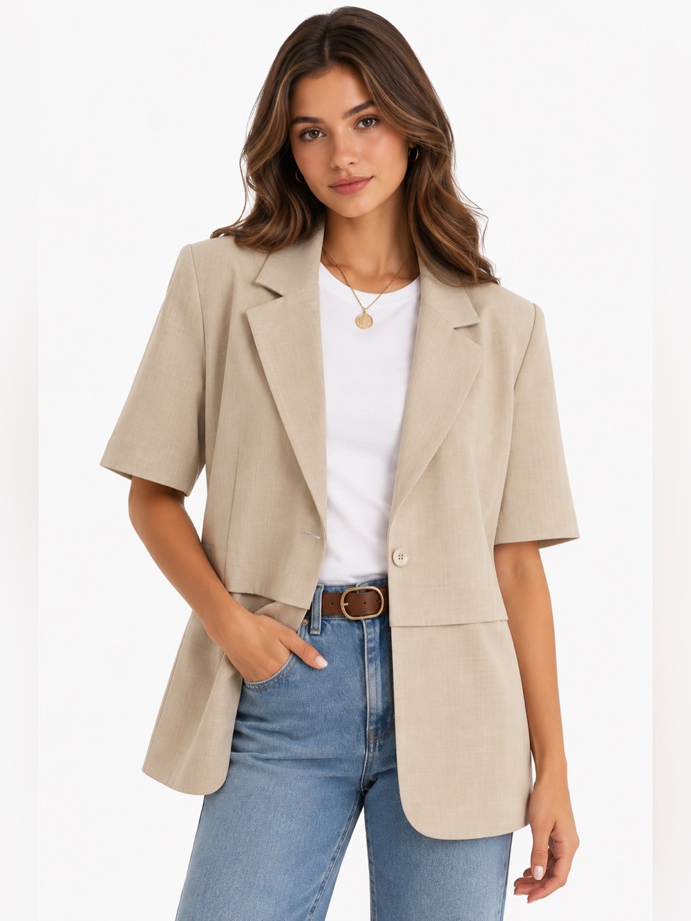 Cropped Short-Sleeve Beige Tailored Blazer - Women's